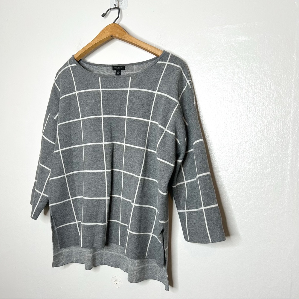 Ann Taylor Neutral‎ Grey Plaid Check Knit Sweater Top Medium M - Picture 3 of 7